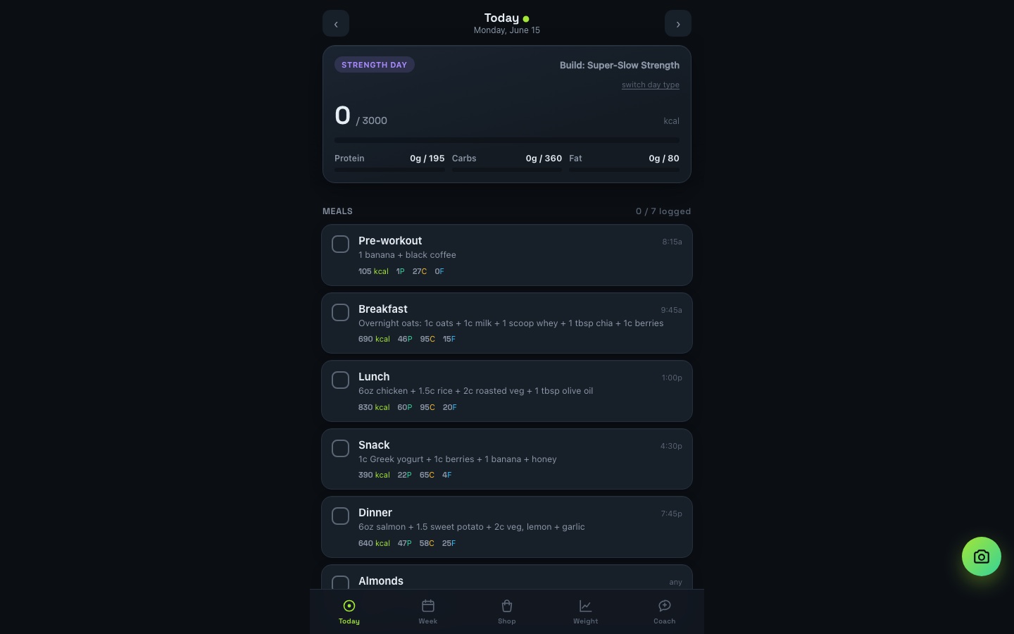 Fuel macro tracker showing the day's calorie target and a list of logged meals with per-item macros